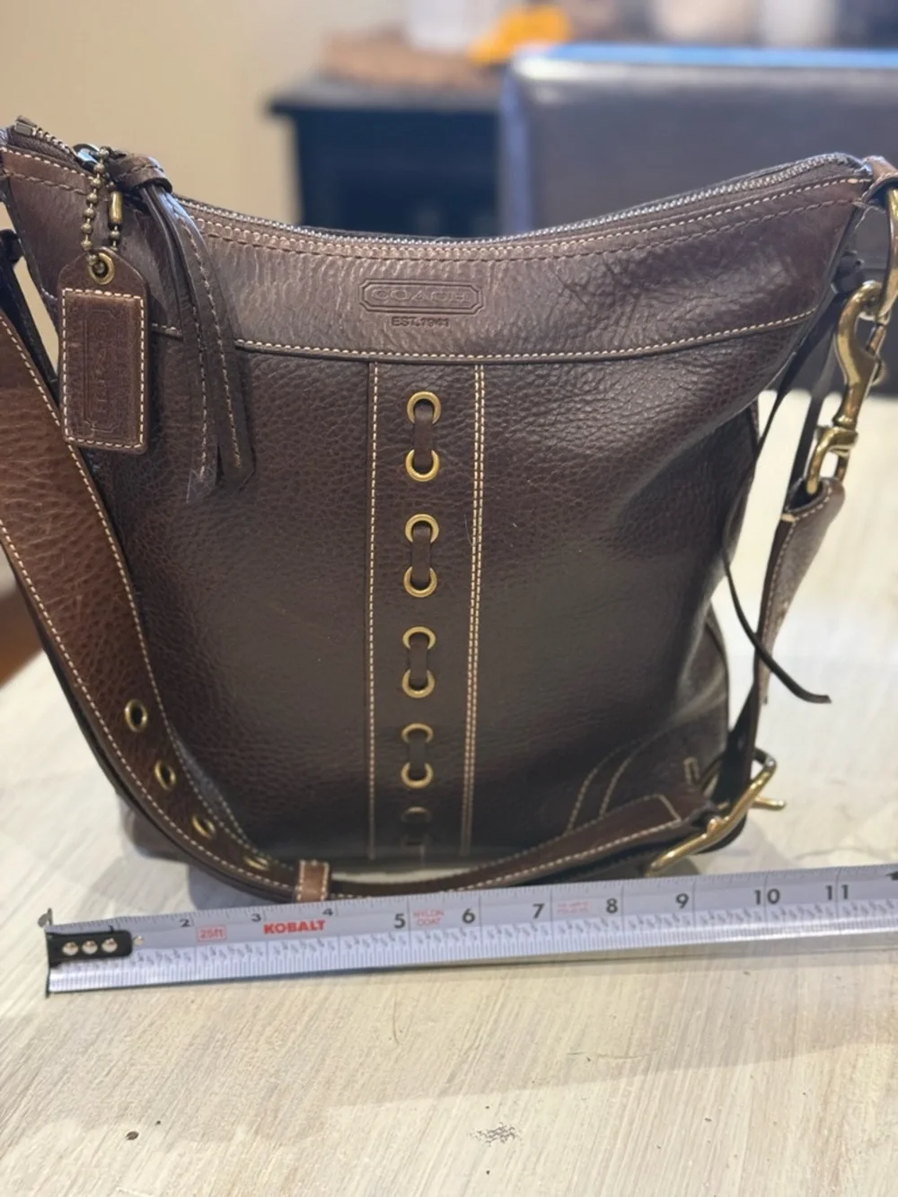Coach Bleeker Dark Brown Pebbled Leather Messenger/Bucket Bag with Brass